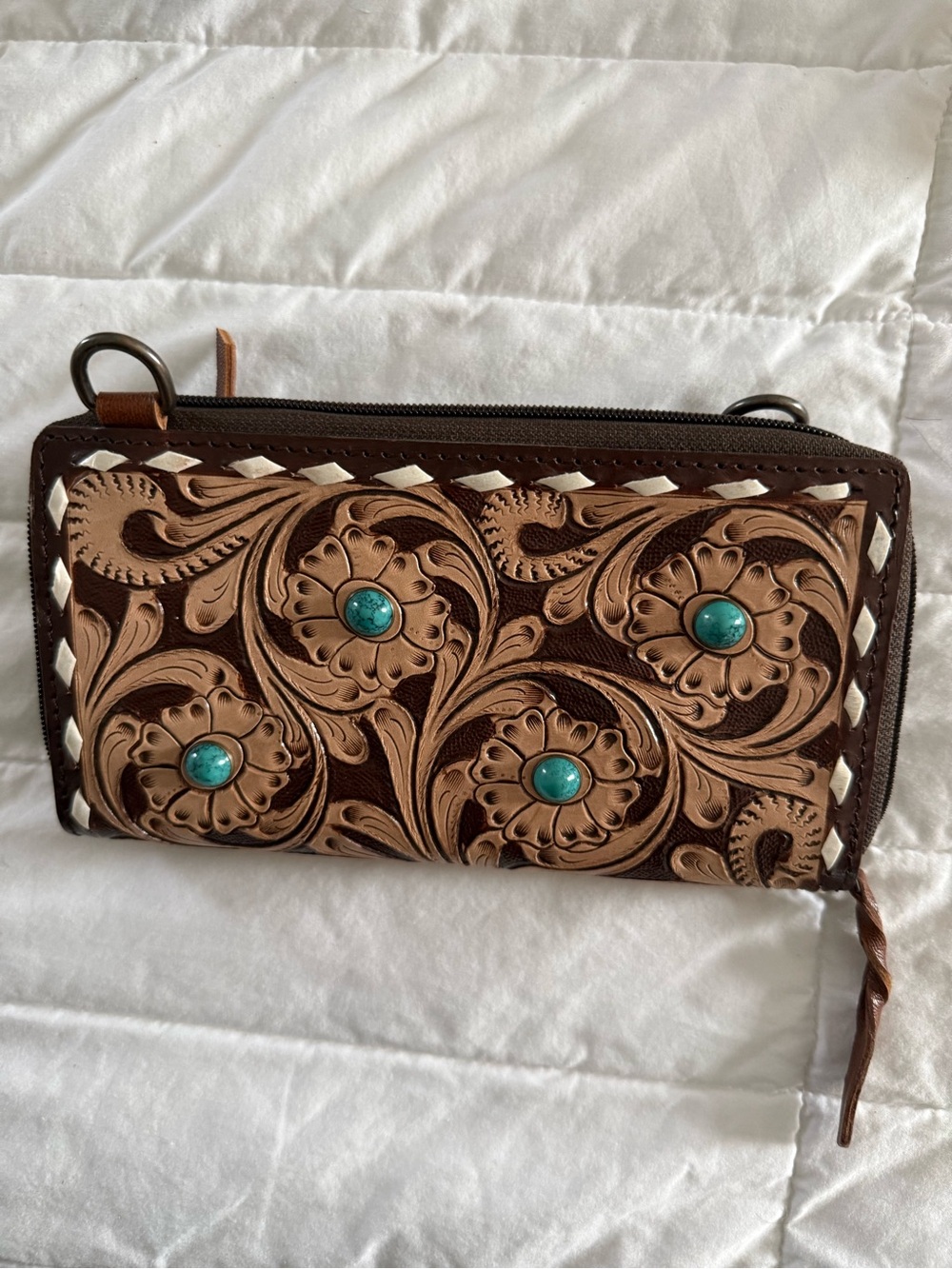 Hand-Tooled Floral Leather Wallet with Turquoise Accents - Brown